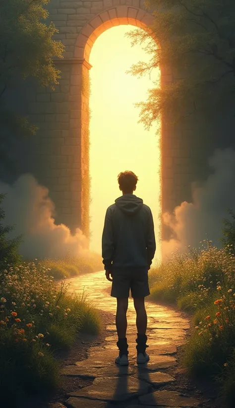 "A man standing at a crossroads in life, with one path leading towards a bright, heavenly gate and the other towards a dark, shadowy landscape. The man looks reflective and hopeful as he contemplates his next step. The heavenly path is filled with light an...