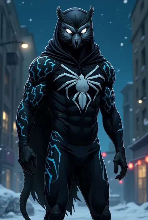 Illustration in a serious comic book style,  all look in loose pose against city background at night , Nightwacher ,  enigmatic owl style hero ,  snow panther , spider and eel ,  dressed in elastic ,  slippery black spandex and nanomaterial jumpsuit,  on t...