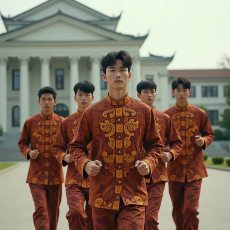  Professional photography featuring 6 handsome young Korean men , who wears matching batik clothes , medium pose marching to the side with raised right hand , clenching upwards  ,  in front of a white building  . ultrahd+, realistic, looks authentic, Drama...