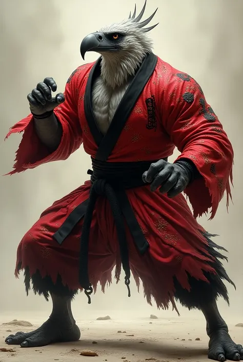 A vulture with the body of the incredible Hulk wearing a red and black kimono in a jiu-jitsu position make it bigger