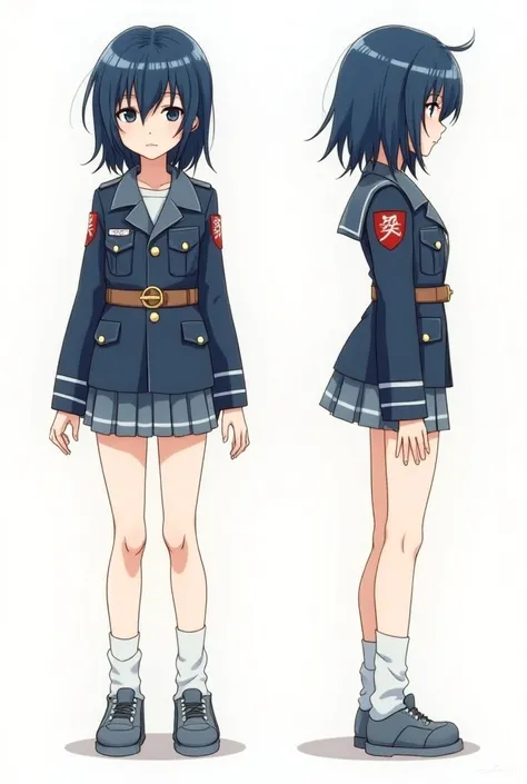 (masterpiece, best quality) detailed, girl,soldier ,dark blue hair ,twin, A dazed expression, Kawaii, drawing reference, reference, Line art, Color drawing (Character Design Sheet, Same role, whole body, 3 Views, front, side, retreat)Danganronpa, Akira Kom...