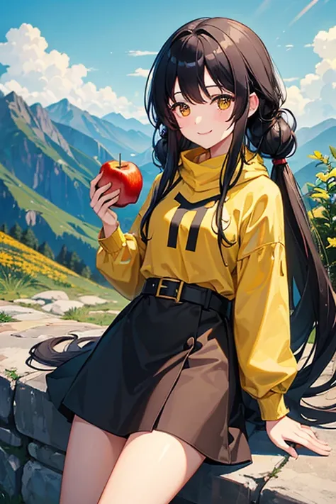 One beautiful girl　 Long Black Hair　 twin tails　bright smiling adventurer 　 An Adventurer 　 yellow and black mountaineer clothes　holding a red apple　On the Mountain Path 