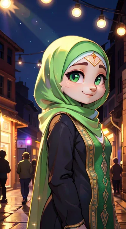 (night scene, close up photo of a sexy naked malay girl with hijab, posing, look at a camera and smile, green pastel hijab, (green eyes:0.8), small tit, cute young face, 18 yo, soft volumetric lights, (backlit:1.3), (cinematic:1.3), intricate details, (Art...