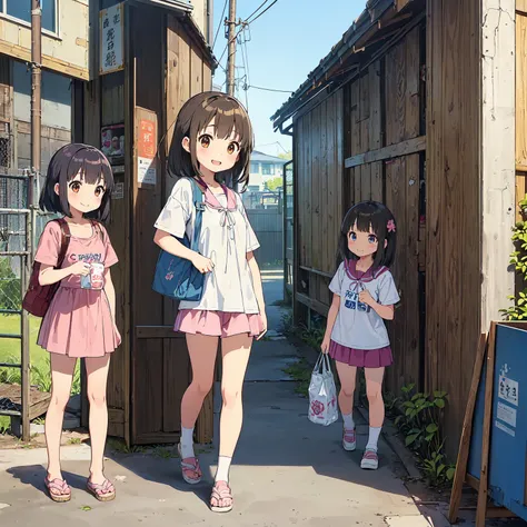 
(masterpiece、Detailed Anime)、((Three cute girls、Three elementary school girls、Summer clothes、にぎやかでfun))、( housing complex、Old and dirty stairs in the amusement facility 、General store、Battleship Island:1.2、Vending machines、garbage、Use waterways)、(Poor con...