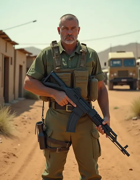 masterpiece, best quality, high res, 8k, male focus, A Russian mercenary holding a rifle, Kalashnikov, mid-40s, bowl-cut hair, grey hair, brown eyes, green uniform, brown combat boots, assault vest, tactical gloves, two grenades on his hip, African desert,...