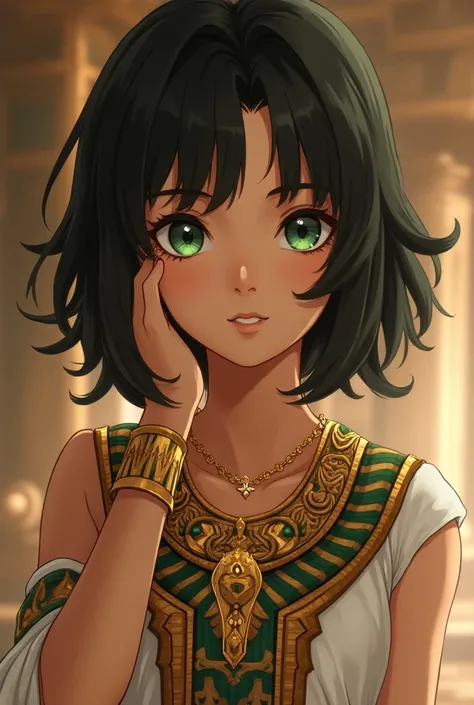 Anime boy, young teenager aged 16, beautiful face, black medium-length hair, green eyes, medium skin, gold bracelet, Egyptian gold necklace, traditional ancient Egyptian dress.