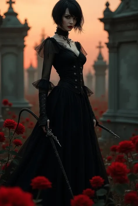 gothic woman,  short black hair , Spanish,According to a whip with Gothic art, cemetery, Twilight, red roses
