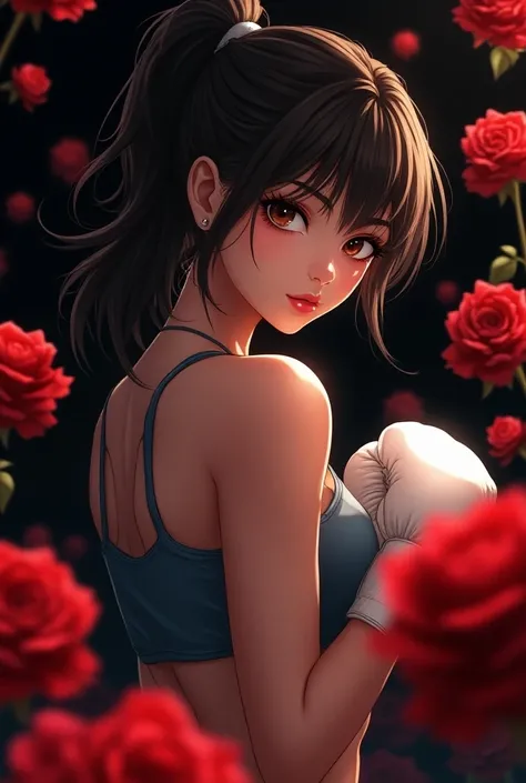 (Amazing. Super high quality. Super beautiful. Super detailed. Perfect face. Perfect eyes. Perfect anatomy. Masterpiece. Incredible. Perfect lighting.) Japanese 2D anime style. Dramatic perspective. Vibrant colors. A female boxer surrounded by many bright ...