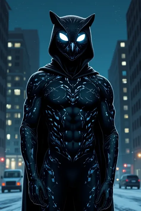 Illustration in a serious comic book style,  all look in loose pose against city background at night , Nightwacher ,  enigmatic owl style hero ,  snow panther , spider and eel ,  dressed in elastic ,  slippery black spandex and nanomaterial jumpsuit,  on t...