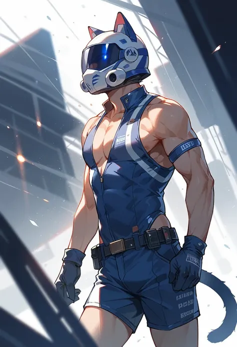 1male,(Muscular),blue eyes,cat tail,cat ears,racing suit,cowboy shot,future mask,no face,future helmet,particles,wide angle lens,belt,on the spaceship,Tactical equipment,standing,armlet,profile,leg ring,shorts,from behind,cleavage