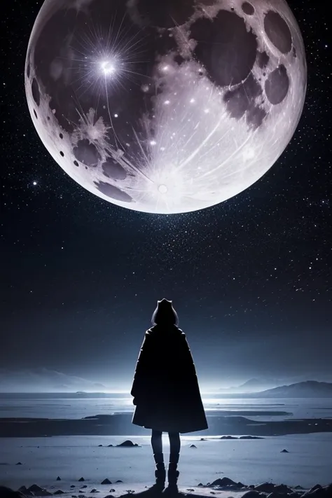 Best Quality,Big moon and shadow,A silhouette of a person can be seen against the backdrop of a large moon.,There is one full moon,There is a mood,Beautiful scenery,Starry Sky