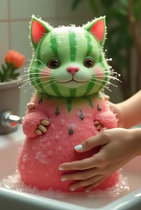 a watermalon cat  owner is washing him