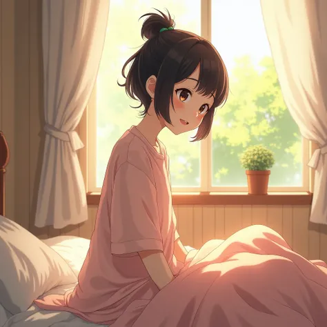   1 girl,   ponytail, Black Hair, Small breasts,smile, bedroom,morning, Japanese,Anime Style