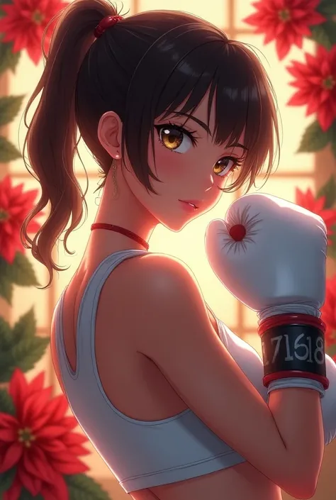 (Amazing. Super high quality. Super beautiful. Super detailed. Perfect face. Perfect eyes. Perfect anatomy. Masterpiece. Incredible. Perfect lighting.) Japanese 2D anime style. Dramatic perspective. Vibrant colors. Poinsettia flower and female boxer. Detai...