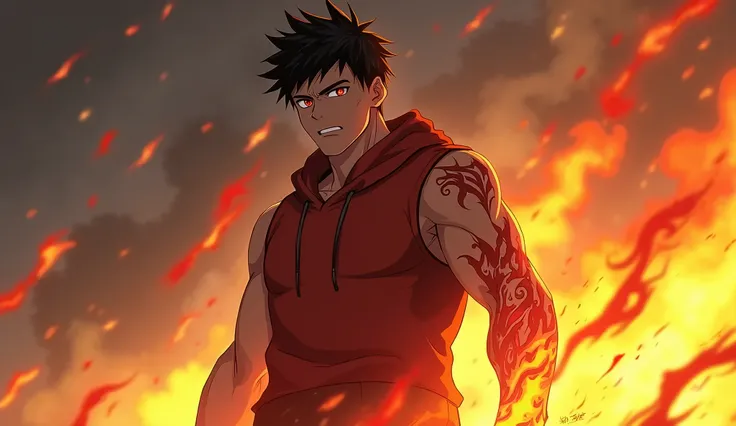 anime, guy, red fire tattoo on his right hand, sleeveless hoodie, fire power