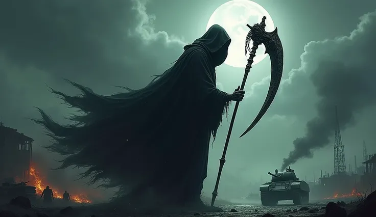 (masterpiece, best quality: 1.2), death, cloak, holding a scythe against a background of scenes from World War II, moonlight, ominous clouds, dark fantasy illustration style, dark art, high contrast, dark shadows, atmospheric perspective, melancholic color...