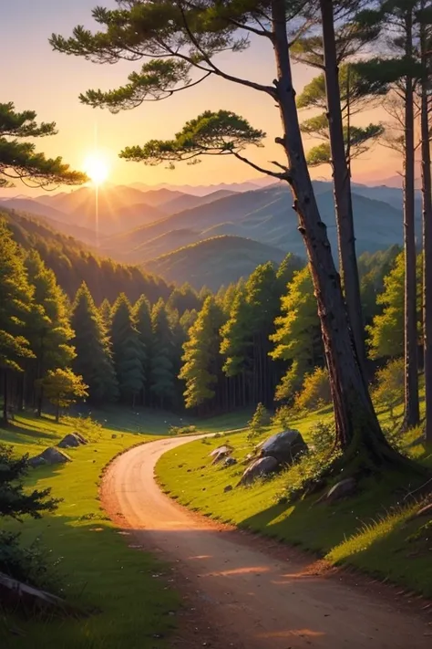 Best Quality、Landscape painting、Sun setting view、forest