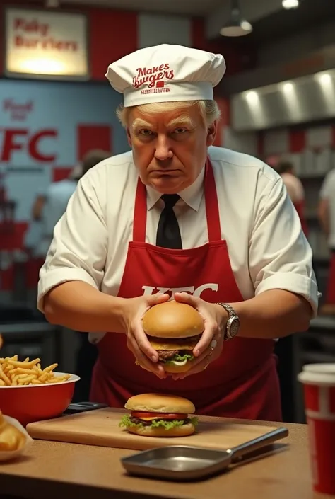 Trump works at KFC cooking a burger  