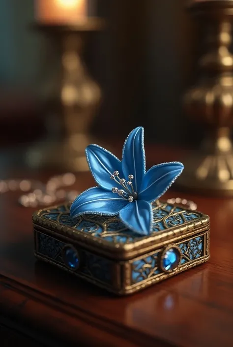 a jewelry box, with a chain inside, on which hangs a small blue lily made of blue rhinestones