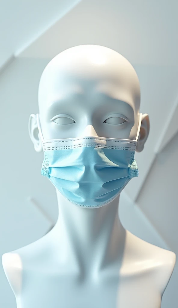 A highly detailed and realistic digital representation of a dentists face wearing a mask. He has a pale, almost white complexion, and his facial features are very defined. The background is minimalist and features a geometric design in white and light gray...