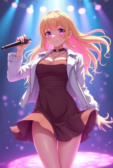 A blonde and tripped with peach pink long hair anime girl with oshi ko no purple star eyes popstar  singing and dance K-pop  on the stage24 years old  wear a brown dress with a white jacket 