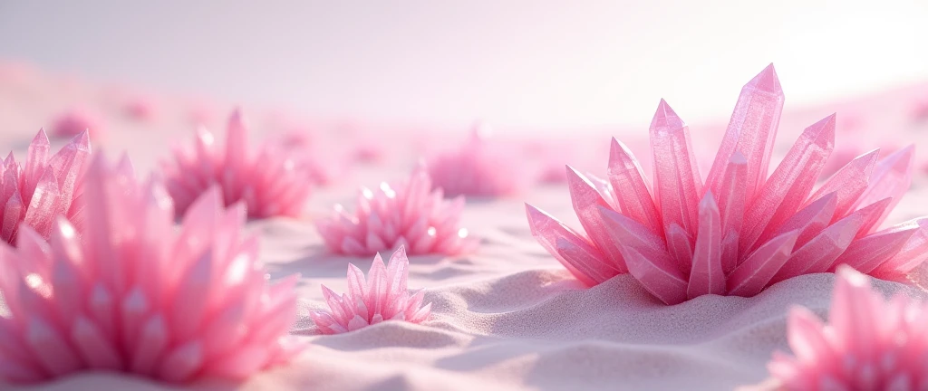 bunches of striate pink crystals on sand field,