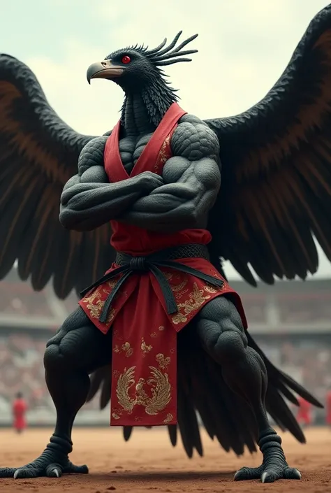 A vulture with the body of the incredible Hulk wearing a red and black kimono in a jiu-jitsu position make him bigger and more muscular put him inside a stadium make him bigger and hugging the stadium 