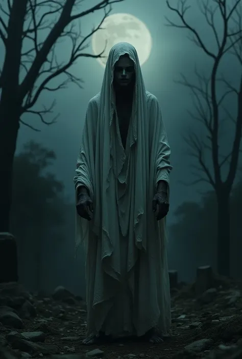 
Create image of indonesian traditional ghost. A person who were entirely covered by a white dirty cloth and tied at the top of his head. His only pale and undead face can seen in between the cloth covered by the shadows. He is standing beside uncovered gr...