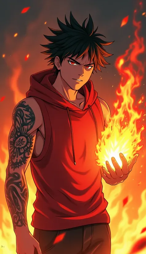 anime, guy, red fire tattoo on his right hand, red sleeveless hoodie, fire power