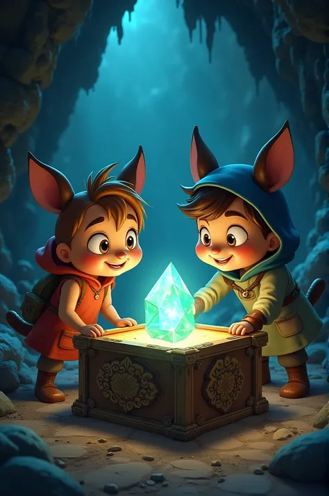  Inside the cave, Gulli and Bulli discover an ancient, ornate box. The box is slightly open, revealing a shimmering, magical stone inside. Their expressions are a mix of curiosity and excitement.
