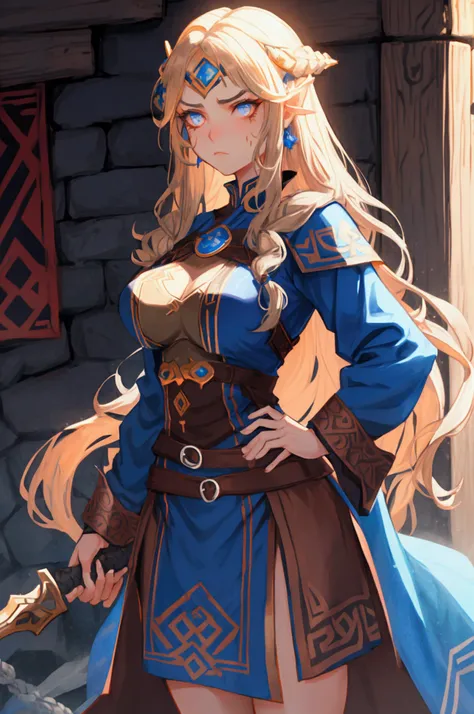 norse woman. viking.  long brown hair. fierce amber eyes. a big scar from chin to breast. wearing a heather blue tunic. she looks fed up and primal. attractive. digital character concept design 