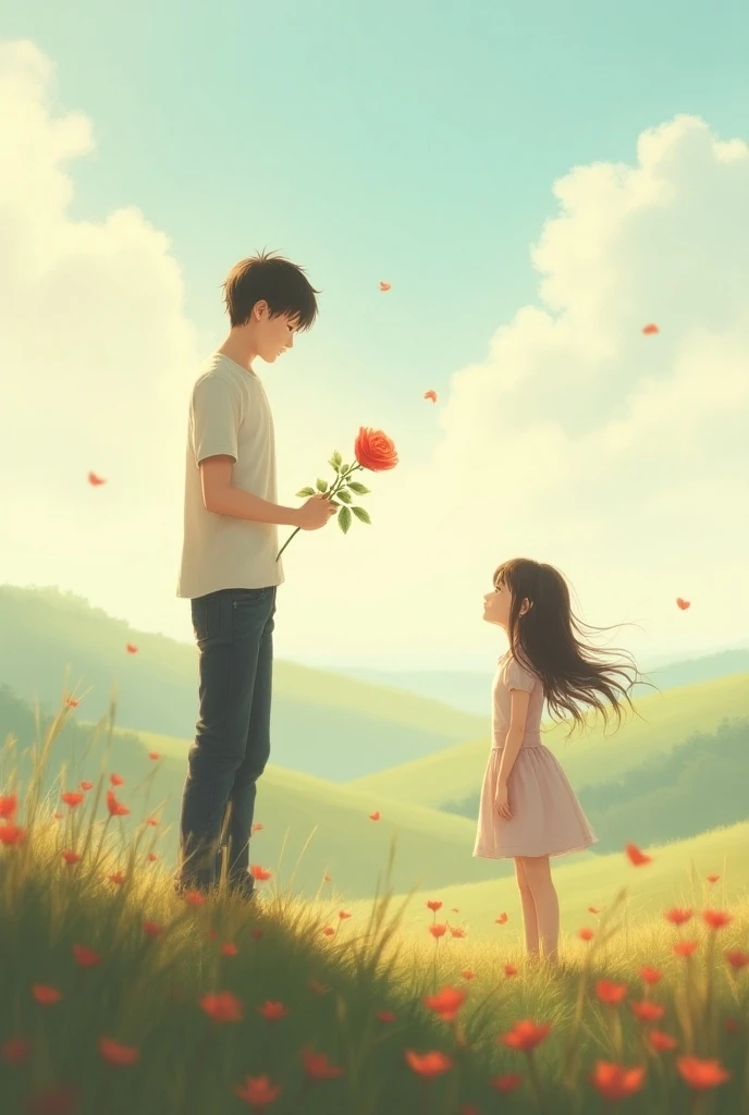 The boy is looking at the girl standing at a distance with a rose in his hand.