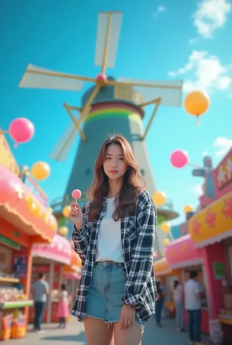 Big windmill game night market with colorful colors of blue bakgrond rainbow featuring a korean girl with disheveled hair posting a photo post in front of a windmill in the style of a model wearing a flannel shirt daleman white t-shirt with a jogger logo s...