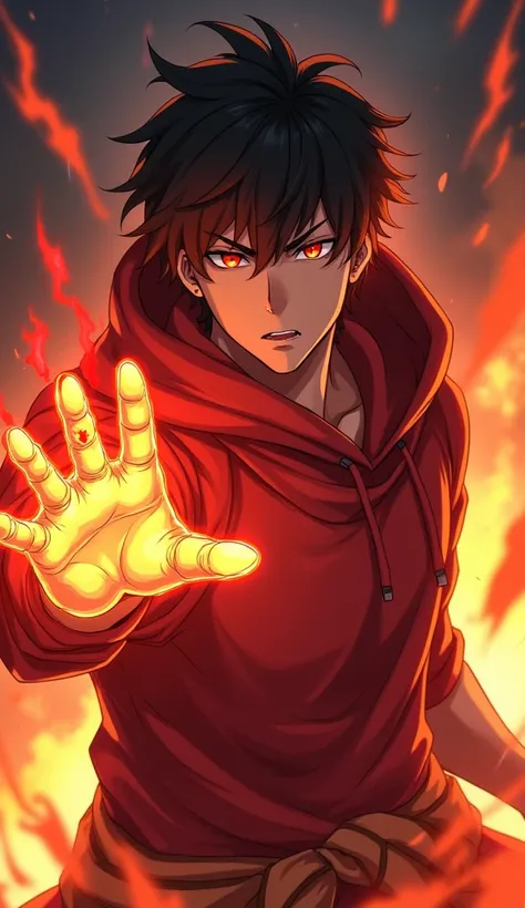 anime, guy, red fire tattoo on his right hand, red sleeveless hoodie, fire power, red glowing eyes, high quality