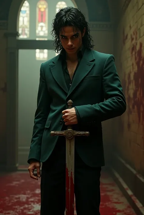  Michael Jackson with his left shoulder tucked in a dark green white suit and chapel stained with blood, wielding a medieval sword 