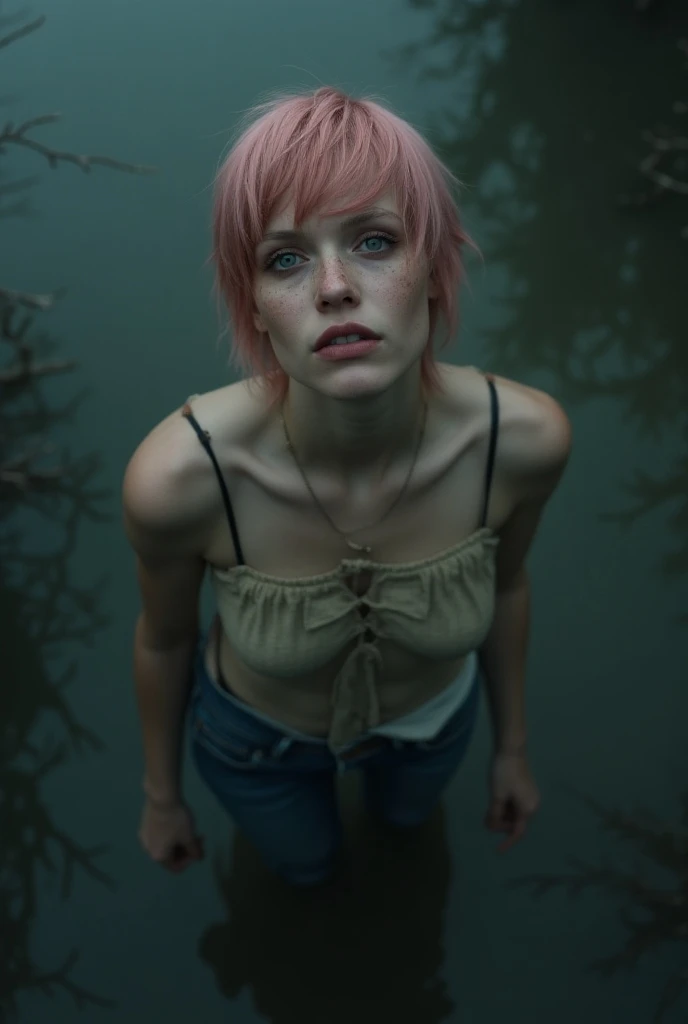 (Best Quality,hight resolution,Masterpiece, Overhead view:1.20),Ultra-detailed,The woman,Jeans,sickly,drowning in a swamp,standingn:1.2, lecherously posing,sissy, Expressions of shame:1.3,gloomy ecstasy,dark gloomy atmosphere,gritty texture,melancholic exp...