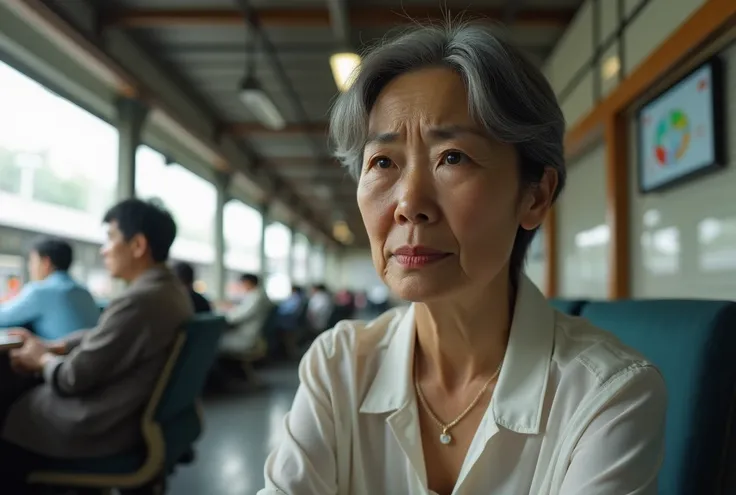 Japanese middle-aged woman in her 50s 。 wants to remodel a newly built one-story house by living at home、Thinking expression。 real as pictured inside a Japanese train station。 while imagining a wonderful house 、 has a worried expression 。