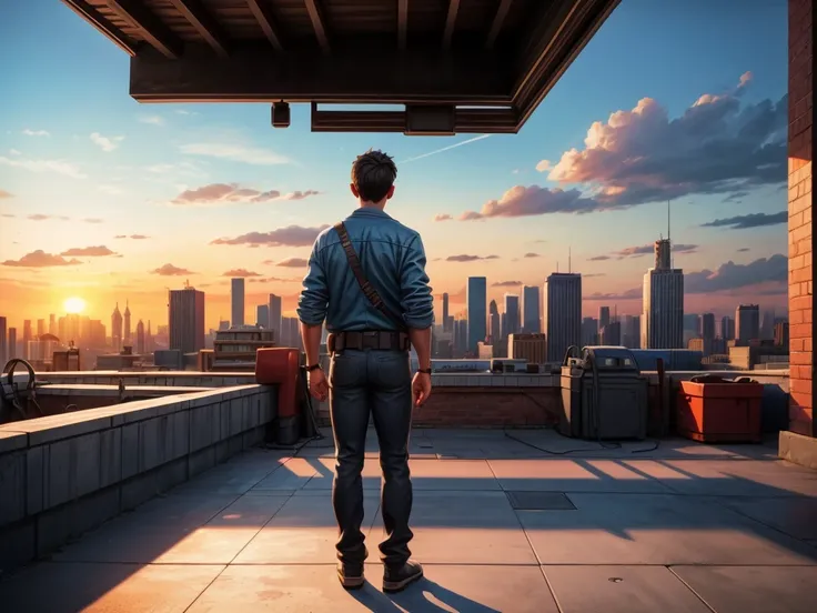 A man from behind, standing on the rooftop, looking at the city, oil painting, detailed cityscape, best quality, ultra-detailed, realistic:1.37, skyline, sunset, vibrant colors, warm tones, dramatic lighting, shadows, modern architecture.