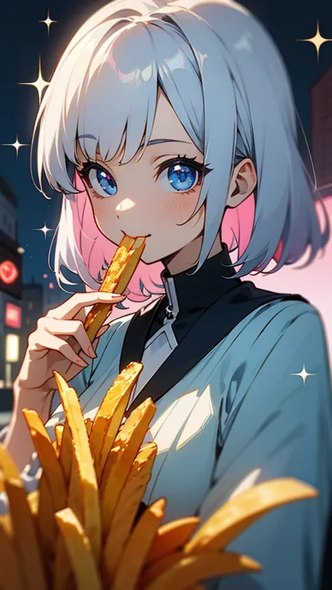 girl、solo、anime style painting、 upper body close-up 、smile、light blue and pink tones、silver hair、(sparkling blue eyes)、eating fr...