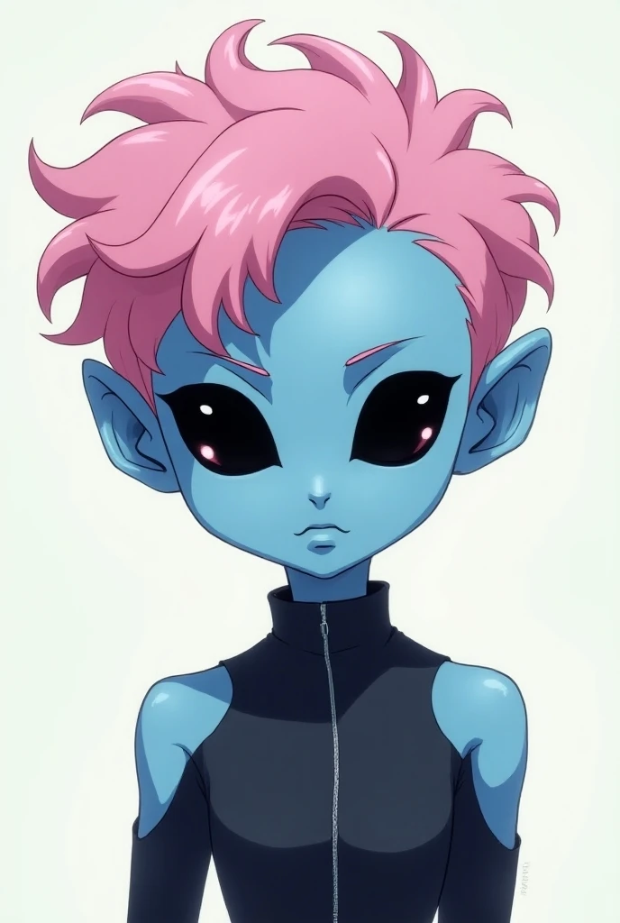 Blue alien man in anime style with black features and short pink curly hair