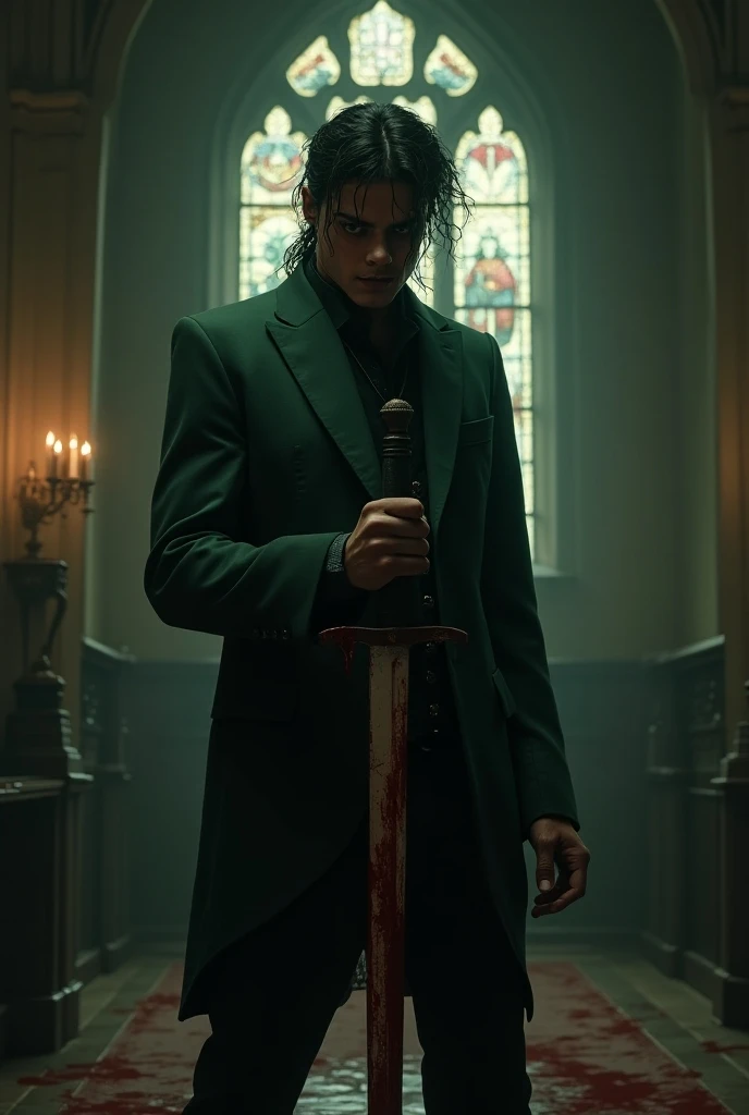 Michael Jackson wearing his dark green bloodstained white suit and chapel, wielding a medieval sword 