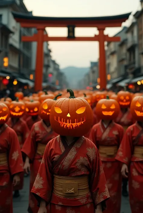  movie scene 、Live-action footage、8k、Kyoto city、Halloween、My head is a pumpkin 、Kimono、1000 people with pumpkin heads 、torii、Halloween行進、 people with lots of pumpkin heads