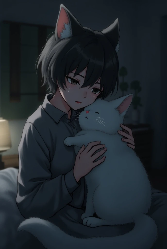 a cat boy owner crying