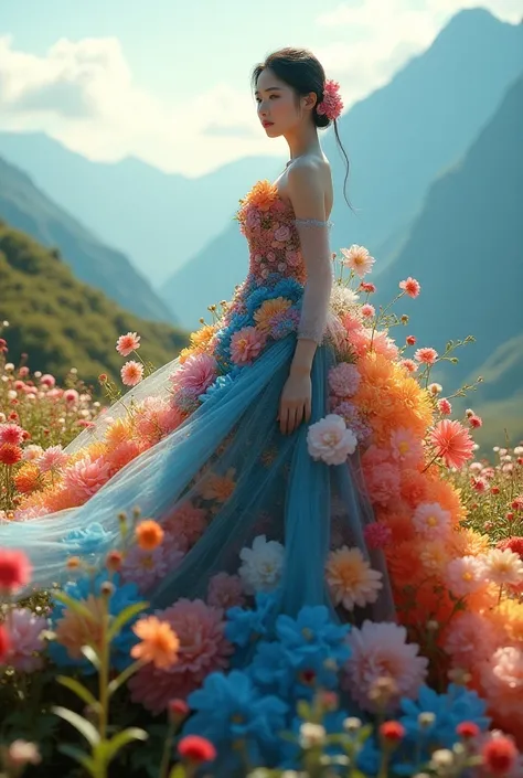 A beautiful Korean woman in a hijab, wearing a dress made of flowers, under her feet and behind her is a blooming flower forest, with all kinds of flowers in various colors, each flower is blue, red, yellow, green, purple, with sunlight shining through the...