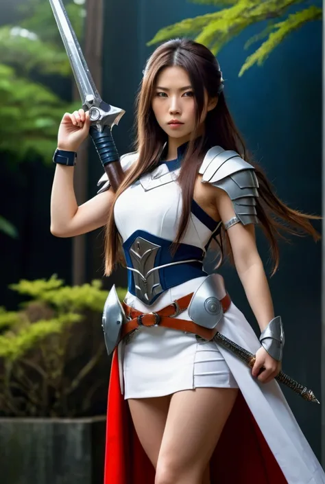 Beautiful charismatic face, japaness, nature white skin female, several body, with long hair in pretty modern dress with armory, and a bit of armor, with powerful magic weapon, stand pose, 
Beauty legs, short dress skirt,  high heels, full-body, High detai...