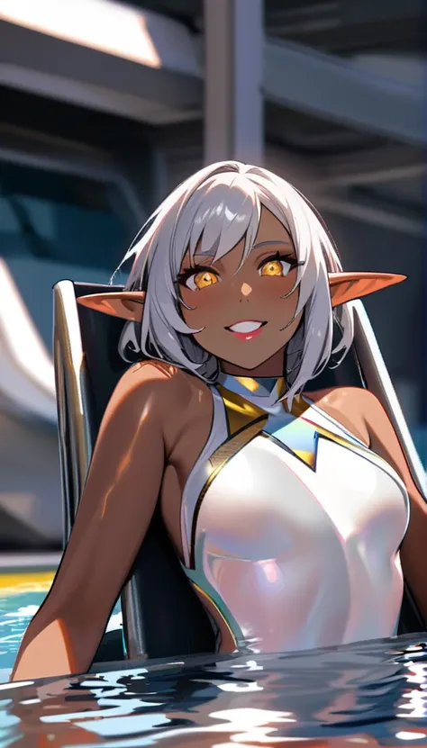 One elf girl, dark skin, golden colored contacts, beautiful silver hair, bob hair, pointed ears, pink lips, sitting in a Pool Lie Chair, outer Pool, white shiny Swimming suit(Triangular Top and Underwear), beautiful body line, upper body depiction, looks a...