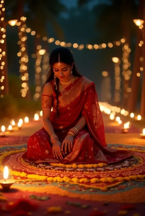 A  wear red gold line sari, doing a rangoli kolam during deepavali festive, night view, lighting, diwali oil lamp, details, photography 