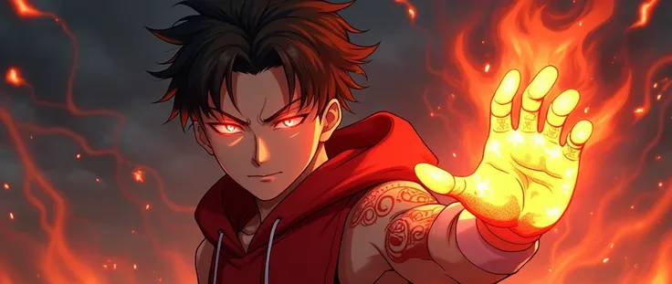 anime, guy, red fire tattoo on his right hand, red sleeveless hoodie, fire power, red glowing eyes, high quality, red electricity