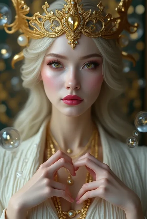 dark marble and gold,magenta lip, god,gold eyes,beauty,smart,perfect face,Doing finger heart,stay near bubble floatting ,precious, exquisite pattern, luxury