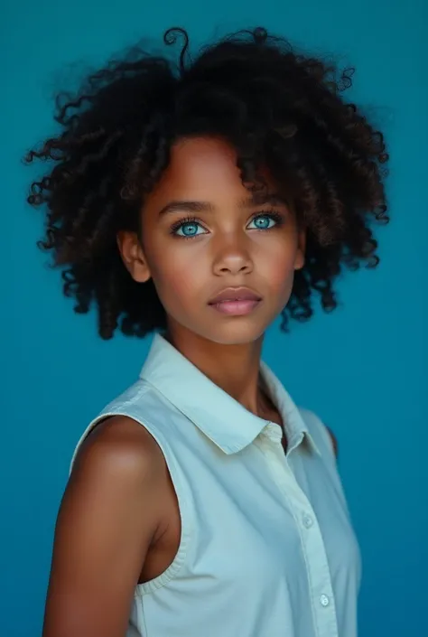  An influential Brazilian adolescent, with blue eyes and curly hair , white and with a blue background 